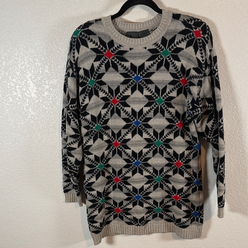 Vintage Liz Wear Gray Snowflake Fair Isle Crew Sweater Long Line Fit Size Small